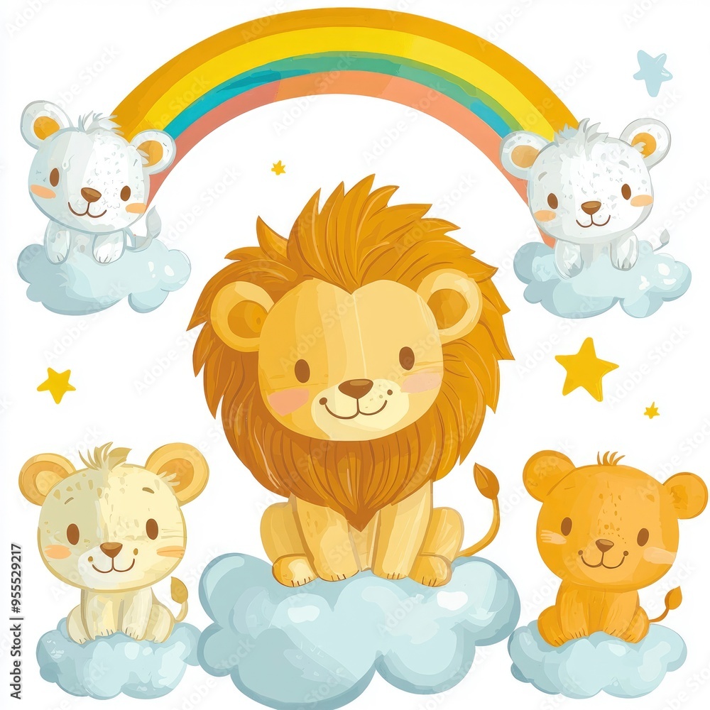 Obraz premium Cute Cartoon Animals on Clouds with a Rainbow