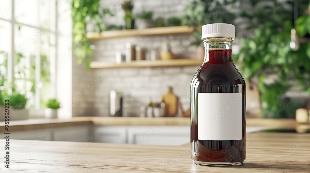 Glass bottle with dark liquid on a wooden surface in a bright kitchen Glass bottle with dark liquid on a wooden surface in a bright kitchen