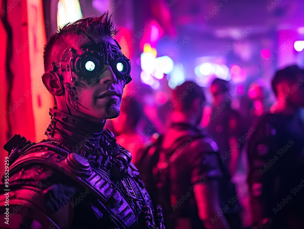 Cyberpunk Themed Revelers in Dystopian Neon Drenched Nightclub Ambiance Cyberpunk Themed Revelers in Dystopian Neon Drenched Nightclub Ambiance
