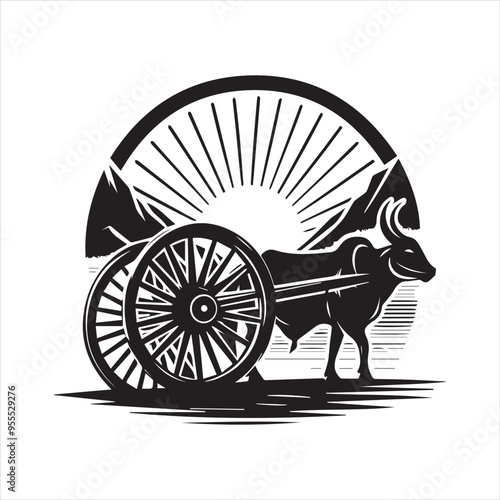 bullock cart wheel silhouette vector With White Background