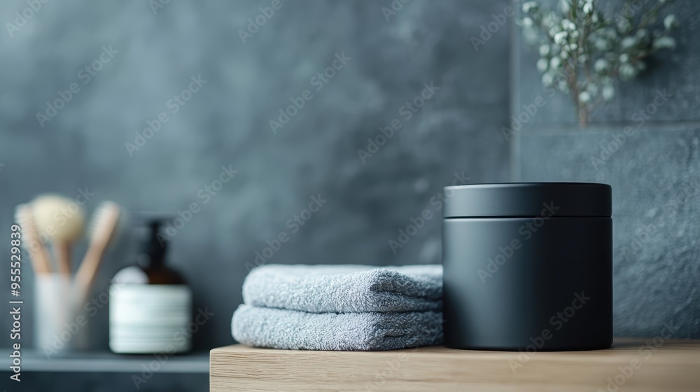 A stylish and elegant bathroom counter setup featuring folded grey towels, a black container, and toiletries, set against a dark tiled backdrop, reflecting modern design aesthetics.