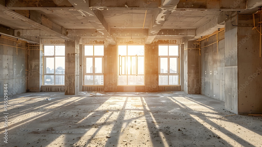 Interior View of a Building Under Construction: Exposed Framework and Raw Concrete Floors. Interior View of a Building Under Construction: Exposed Framework and Raw Concrete Floors.