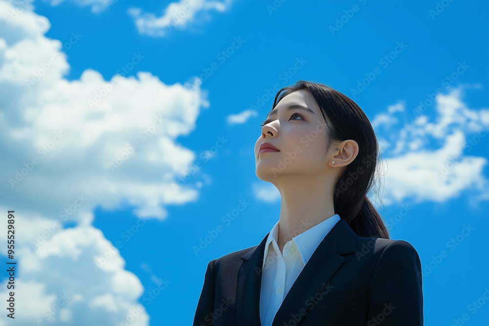 Woman in Suit Looking Up at the Sky: Hopeful and Ambitious Woman in Suit Looking Up at the Sky: Hopeful and Ambitious