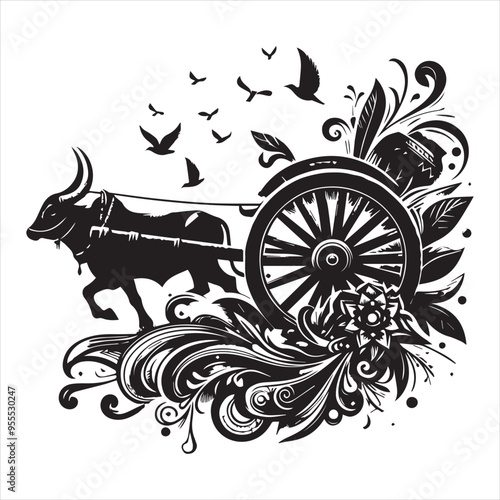 bullock cart wheel silhouette vector With White Background