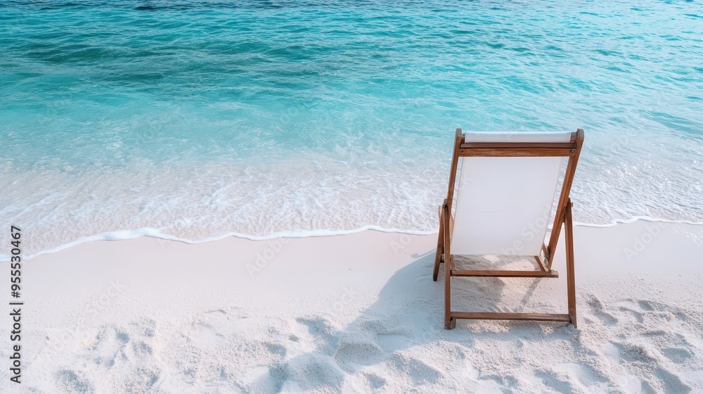 A serene beach scene with a wooden lounge chair facing the turquoise sea, placed on a pristine sandy beach. The soft waves gently touch the shore in the distance. A serene beach scene with a wooden lounge chair facing the turquoise sea, placed on a pristine sandy beach. The soft waves gently touch the shore in the distance.