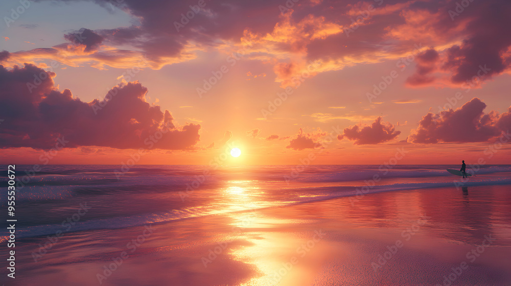 Obraz premium A lone surfer walks along the beach at sunset with a surfboard under their arm.