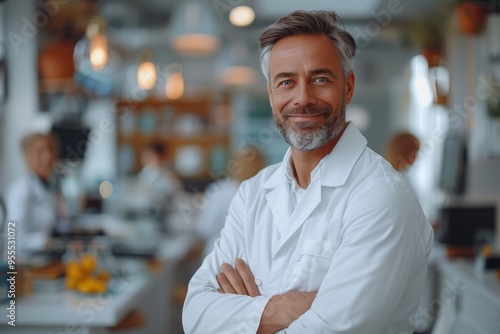 Elated medical practitioner in white coat at modern clinic