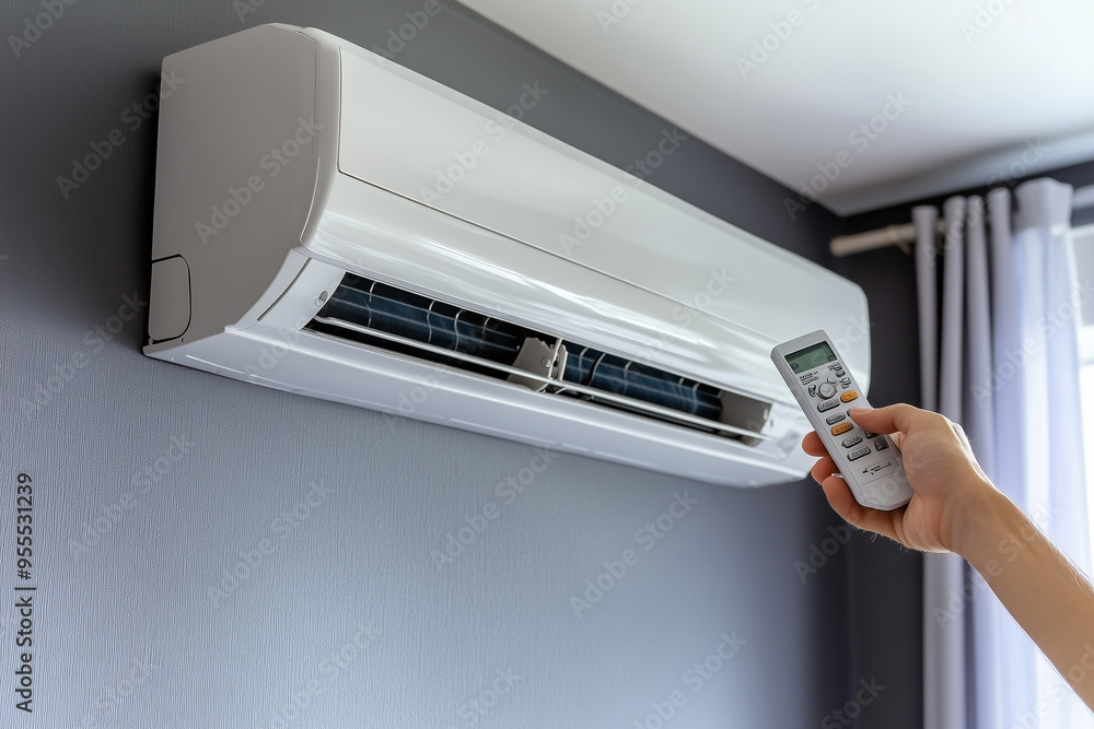 Hand holding the remote for the air conditioner Hand holding the remote for the air conditioner