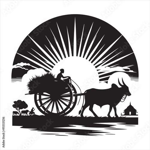 bullock cart wheel silhouette vector With White Background