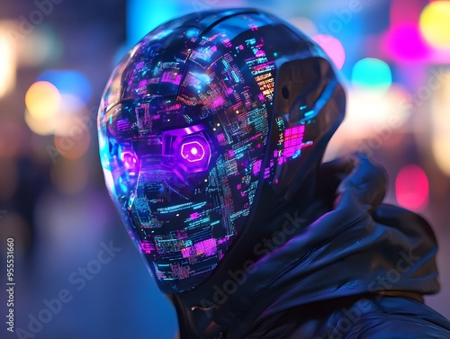 Haunting Bio Mechanical Halloween Mask with Holographic Data Visualizations in Environment photo