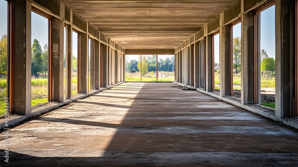 Interior View of a Building Under Construction: Exposed Framework and Raw Concrete Floors. Interior View of a Building Under Construction: Exposed Framework and Raw Concrete Floors.