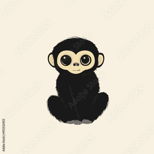 Cute Cartoon Gibbon Sitting with Big Eyes