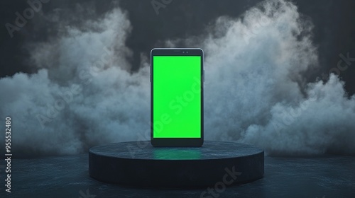 Smartphone with green screen on a pedestal surrounded by dramatic smoke