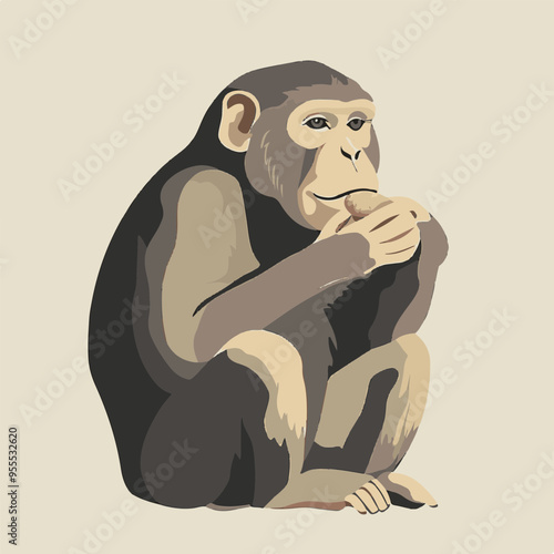 Illustration of a Thoughtful Chimpanzee Holding Food