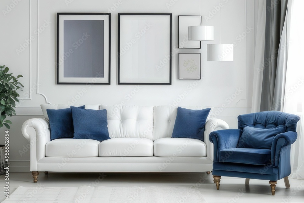 Fototapeta premium White sofa and blue armchair in living room with posters on the wall