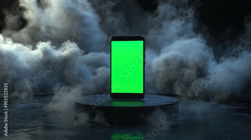 Smartphone on pedestal with green screen and atmospheric clouds of smoke