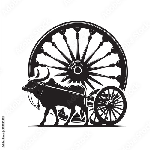 bullock cart wheel silhouette vector With White Background