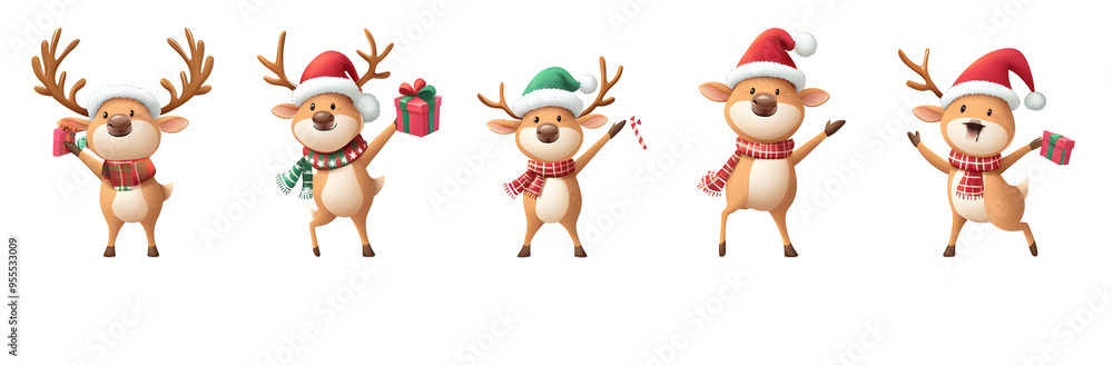 Christmas reindeer characters vector set design. Reindeer christmas cute character in jumping, standing, holding gift box, coffee and wearing hat and scarf collection isolated in white background. Christmas reindeer characters vector set design. Reindeer christmas cute character in jumping, standing, holding gift box, coffee and wearing hat and scarf collection isolated in white background.