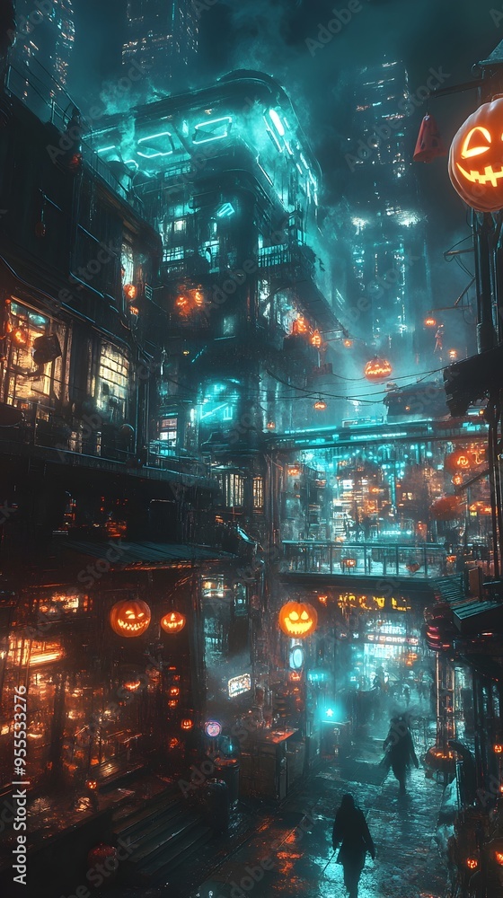Obraz premium Haunted House with Digital Ghosts and Holographic Jack o Lanterns in Grungy Sci Fi Megacity at