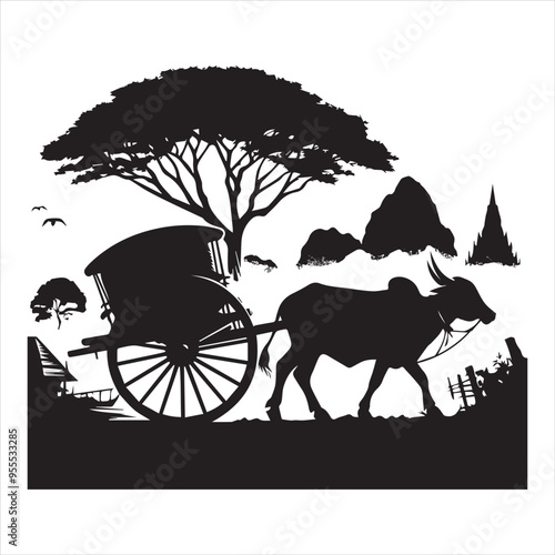 bullock cart wheel silhouette vector With White Background