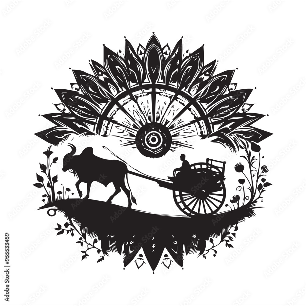 Fototapeta premium bullock cart wheel silhouette vector With White Background
