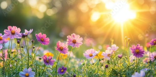 Spring summer field background with bokeh of wildflowers, beautiful nature spring summer background with copy space