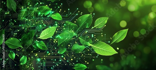 Digital nature fusion concept illustration for eco-friendly technology themes and green innovation design
