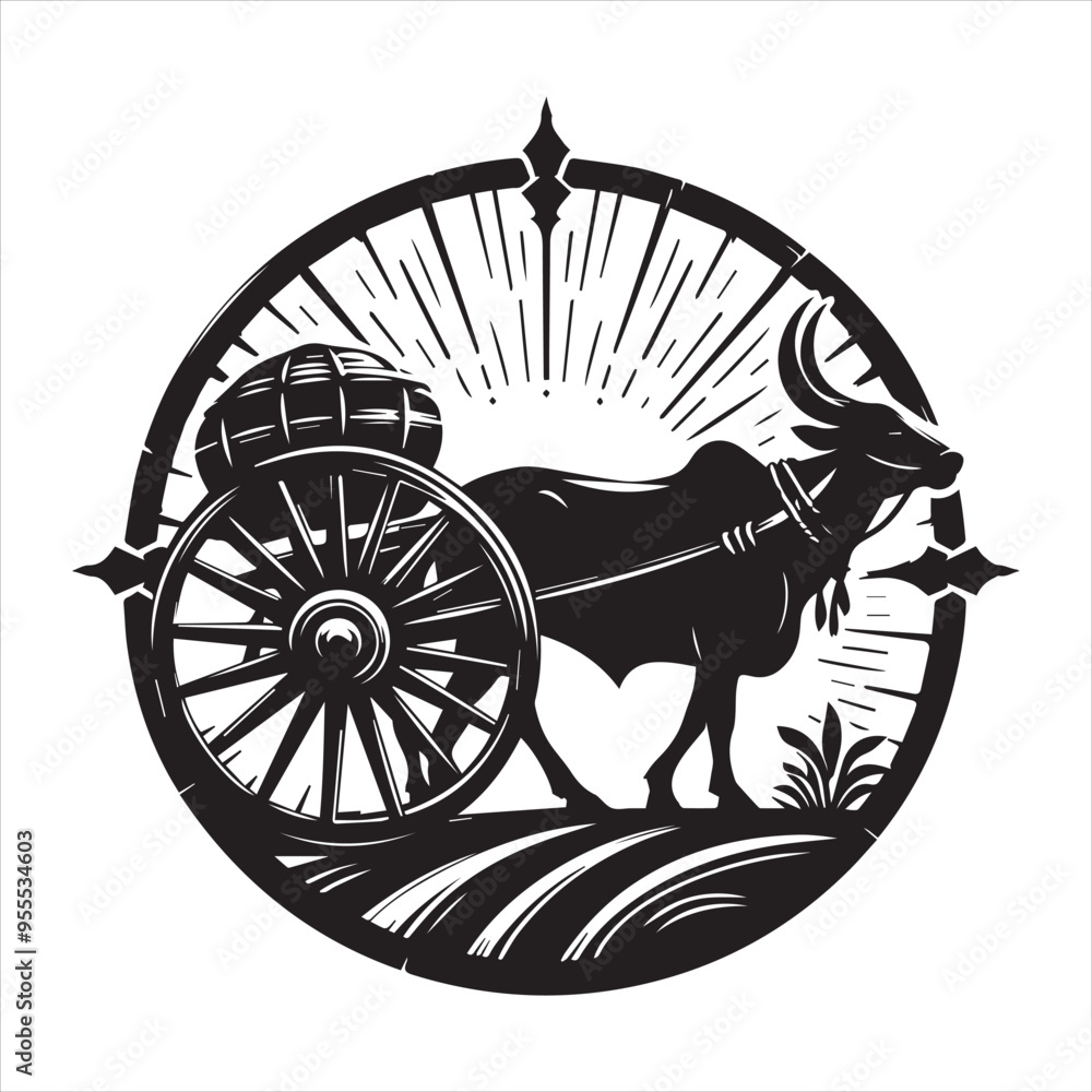 Fototapeta premium bullock cart wheel silhouette vector With White Background