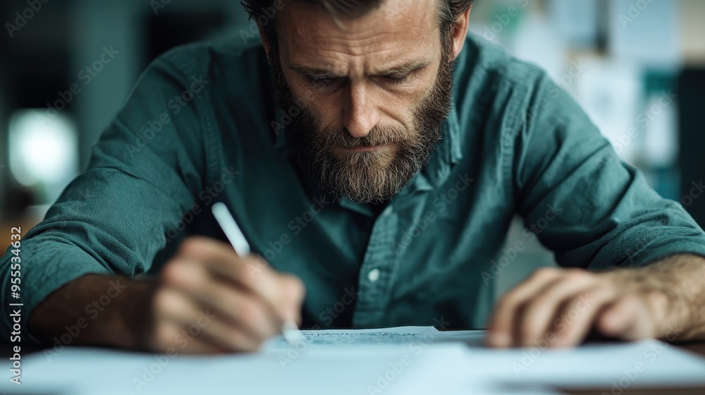 An individual sits at a desk, deeply focused and writing with a pen on a piece of paper; the background is blurred to emphasize their concentration on the important document. An individual sits at a desk, deeply focused and writing with a pen on a piece of paper; the background is blurred to emphasize their concentration on the important document.