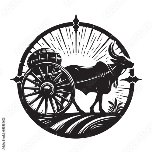 bullock cart wheel silhouette vector With White Background
