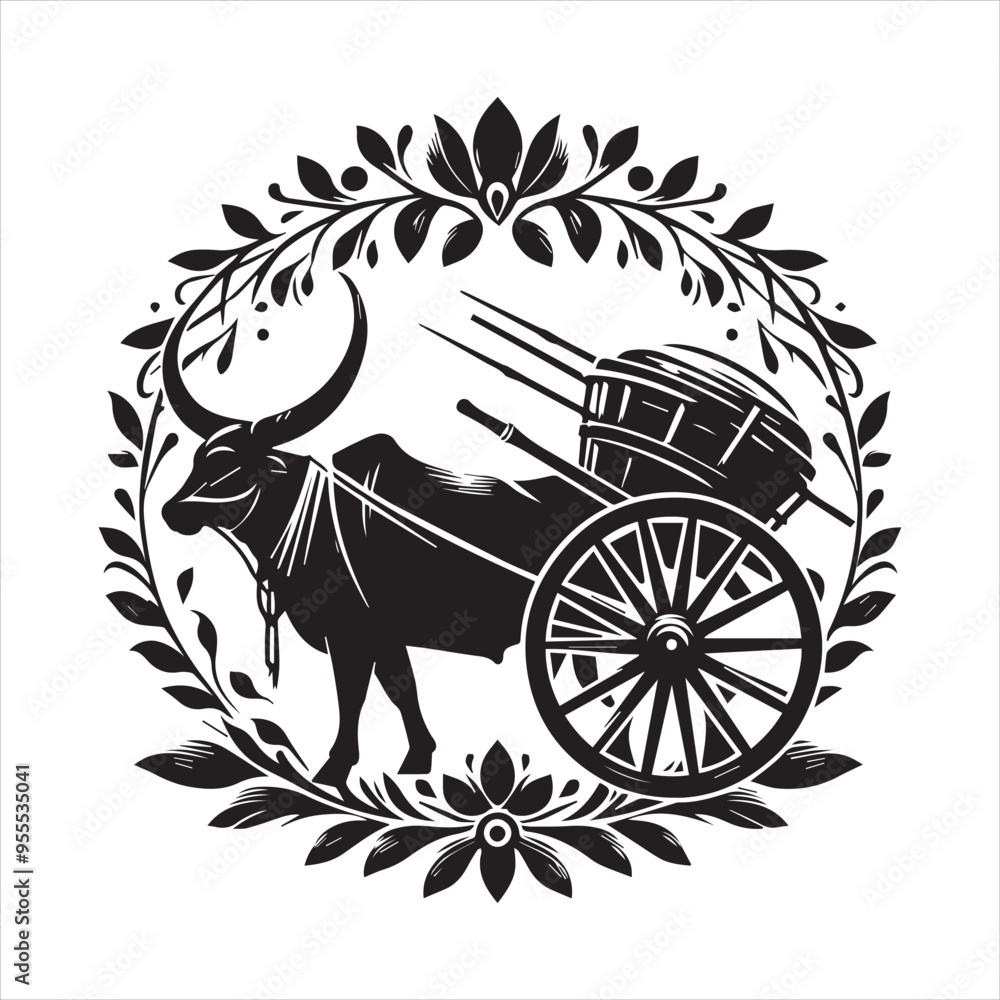 Fototapeta premium bullock cart wheel silhouette vector With White Background