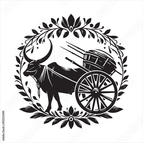 bullock cart wheel silhouette vector With White Background