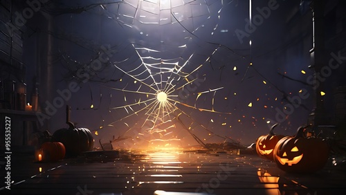 Broken glass web in a dark Halloween porch with pumpkins at nighttime, suitable for spookythemed designs and Halloween promotions.
 photo