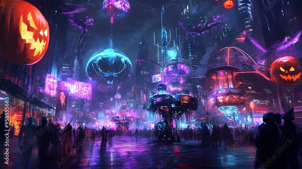Obraz premium Enchanting Halloween Parade with Glowing Neon Floats and Biomechanical Costumed Attendees