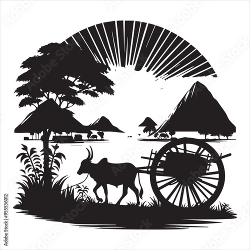 bullock cart wheel silhouette vector With White Background