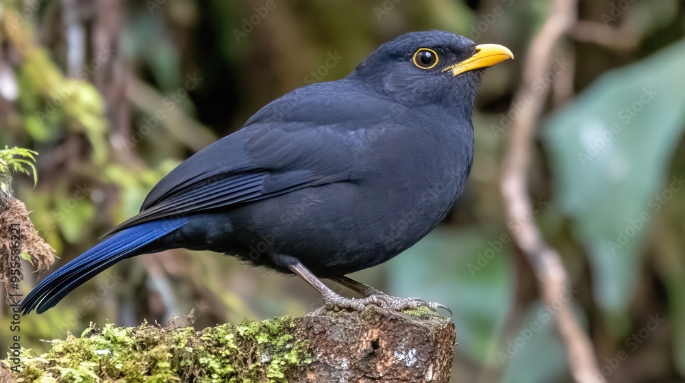 Obraz premium A striking blue-crested blackbird rests atop a tree trunk, surrounded by lush greenery in a vibrant tropical rainforest, showcasing the beauty of wildlife in its natural habitat