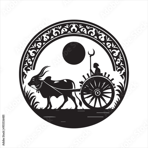 bullock cart wheel silhouette vector With White Background