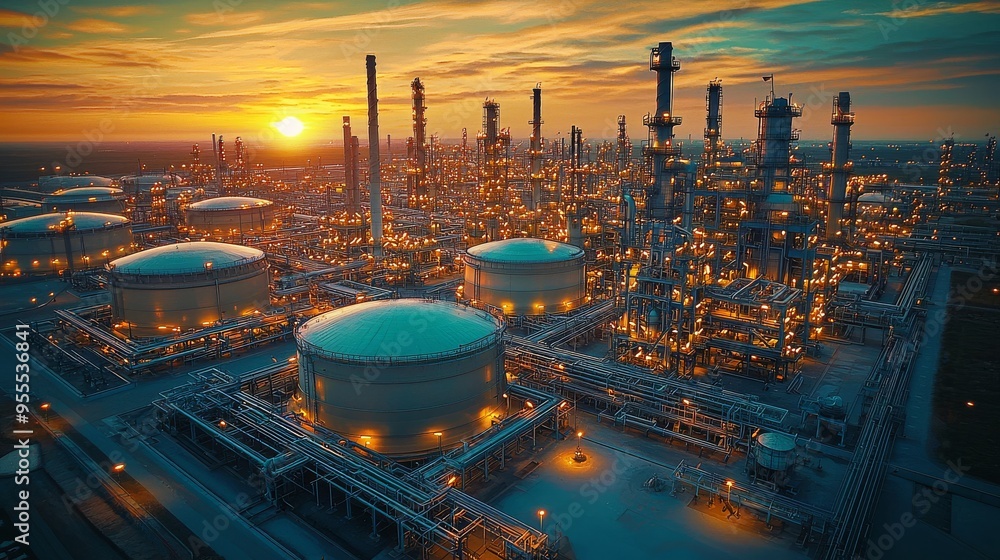 Aerial View of a Refinery at Sunset, Industrial, Oil, Energy, Refinery Aerial View of a Refinery at Sunset, Industrial, Oil, Energy, Refinery