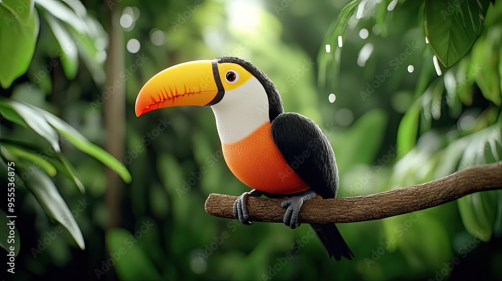 Fototapeta premium A striking blue-crested blackbird rests atop a tree trunk, surrounded by lush greenery in a vibrant tropical rainforest, showcasing the beauty of wildlife in its natural habitat