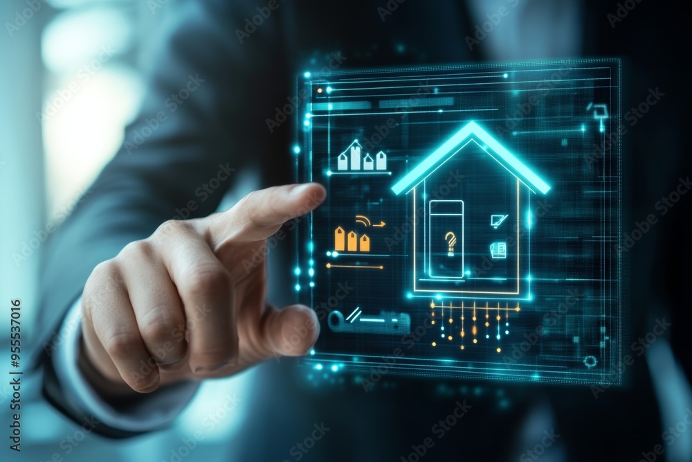 Businessman interacting with energy efficiency icon on virtual screen for home building audit Businessman interacting with energy efficiency icon on virtual screen for home building audit