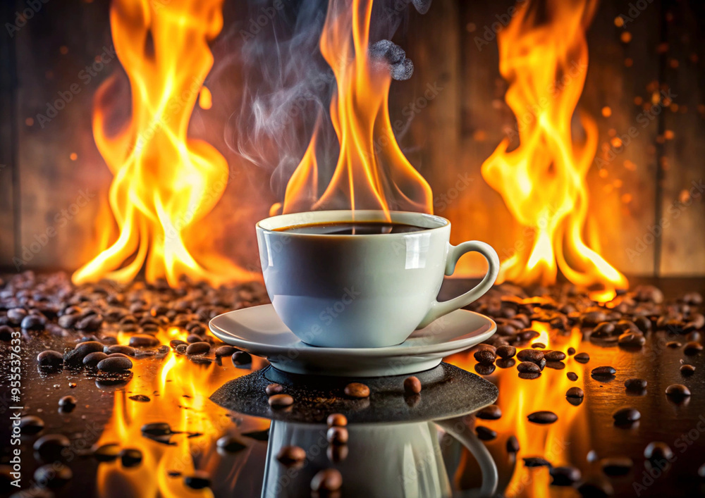 A cup of coffee with steam rising from it is placed on a wooden table, with coffee grounds scattered around it. A cup of coffee with steam rising from it is placed on a wooden table, with coffee grounds scattered around it.