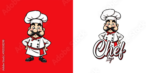  chef mascot logo design. Chef Design vector Logo illustration, Restaurant logo. Cartoon smiling chef character