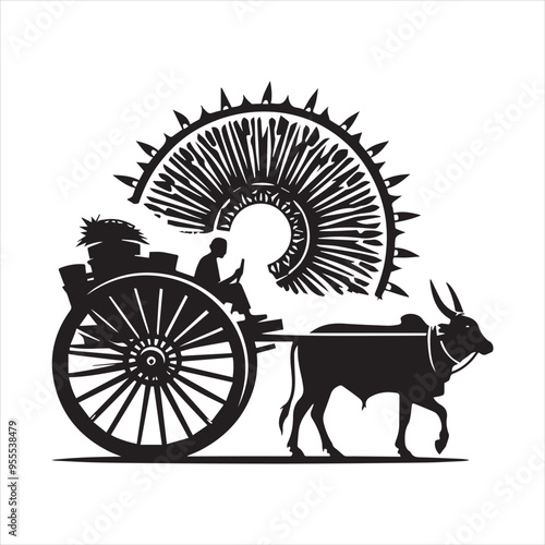 bullock cart wheel silhouette vector With White Background