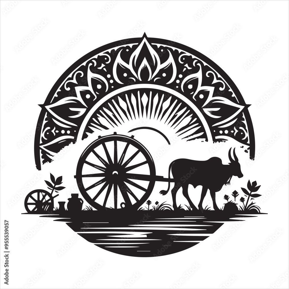 Fototapeta premium bullock cart wheel silhouette vector With White Background