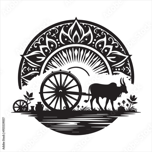 bullock cart wheel silhouette vector With White Background