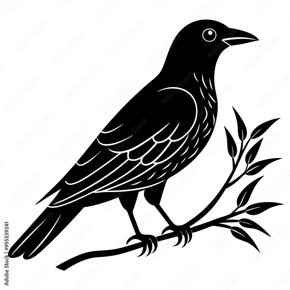 Fototapeta premium Crow with branch line art vector white background