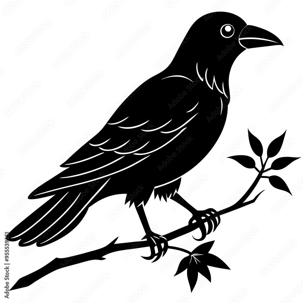 Fototapeta premium Crow with branch line art vector white background