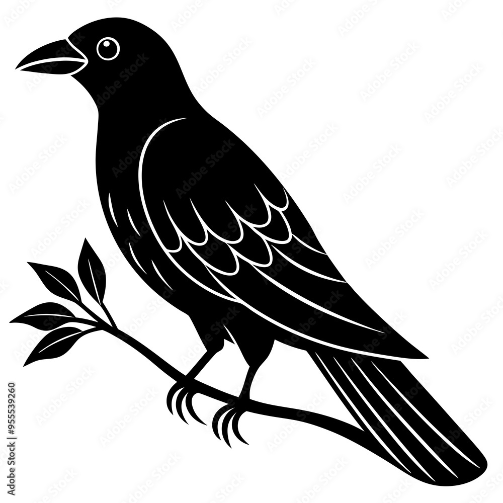 Fototapeta premium Crow with branch line art vector white background
