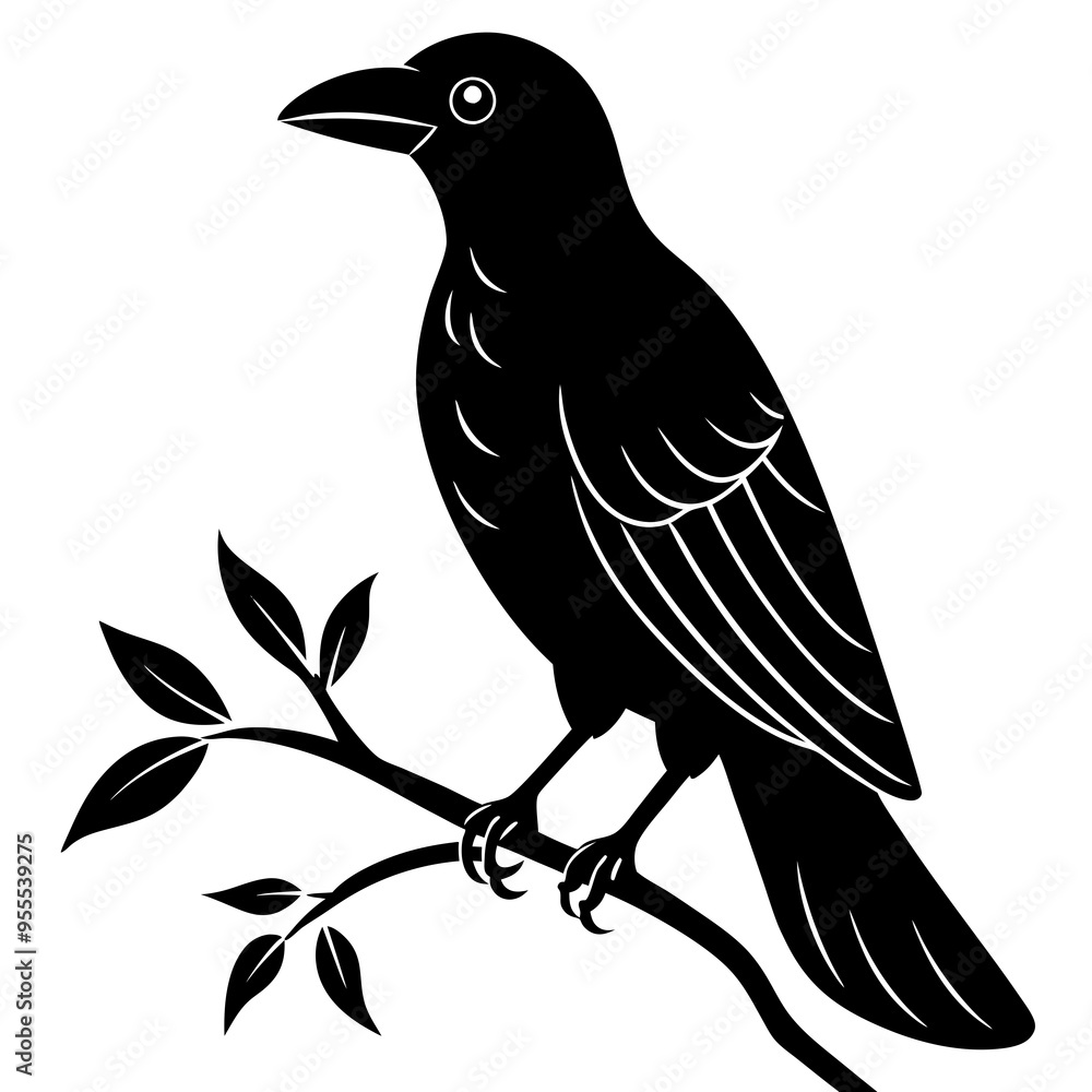 Fototapeta premium Crow with branch line art vector white background
