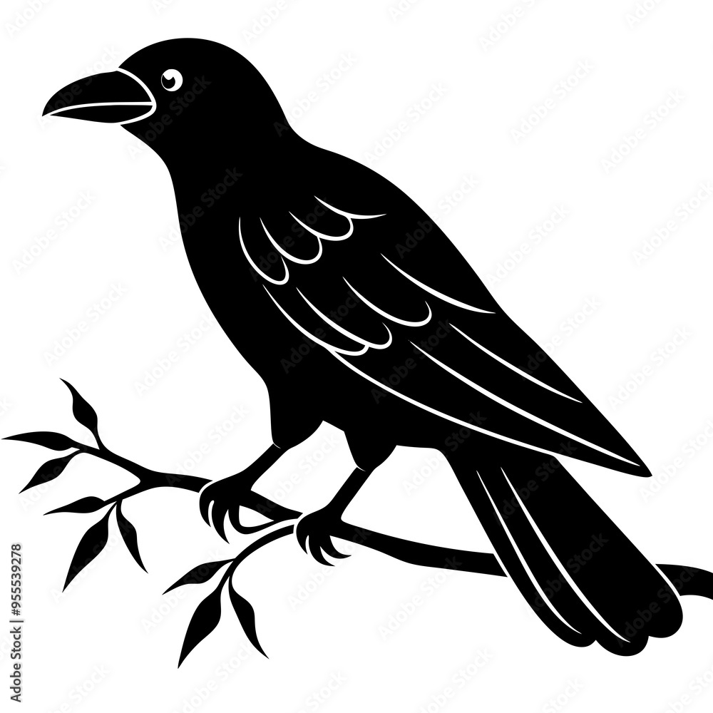 Fototapeta premium Crow with branch line art vector white background